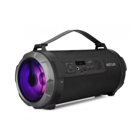 Astrum ST390 fekete gumírozott hordozható bluetooth hangszóró FM rádióval, micro SD olvasóval, karpánttal, LED világítással, AUX, USB, EQ, 35W