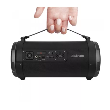 Astrum ST390 fekete gumírozott hordozható bluetooth hangszóró FM rádióval, micro SD olvasóval, karpánttal, LED világítással, AUX, USB, EQ, 35W