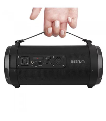Astrum ST390 fekete gumírozott hordozható bluetooth hangszóró FM rádióval, micro SD olvasóval, karpánttal, LED világítással, AUX, USB, EQ, 35W
