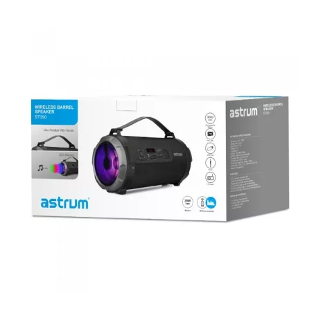 Astrum ST390 fekete gumírozott hordozható bluetooth hangszóró FM rádióval, micro SD olvasóval, karpánttal, LED világítással, AUX, USB, EQ, 35W