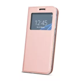   Smart Look Huawei Y7 Prime (2018) oldalra nyíló bőrhatású ablakos könyv tok szilikon belsővel rozéarany