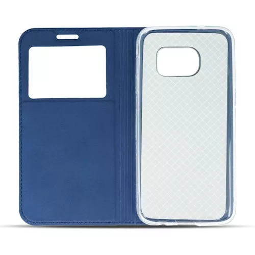 Smart Look Samsung A605 Galaxy A6 Plus oldalra nyíló bőrhatású ablakos könyv tok szilikon belsővel sötétkék