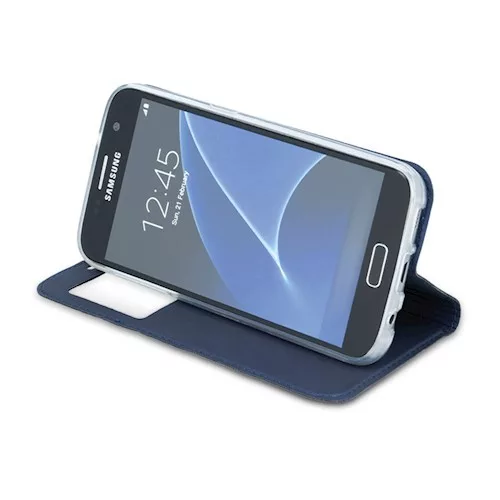 Smart Look Samsung A605 Galaxy A6 Plus oldalra nyíló bőrhatású ablakos könyv tok szilikon belsővel sötétkék