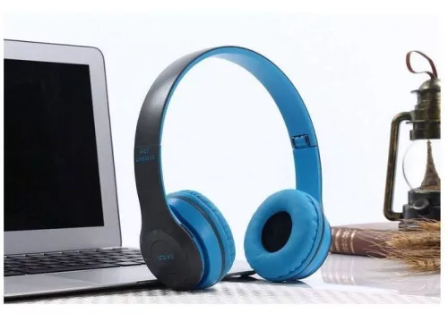 Foldable P47 szürke - világoskék sztereó összecsukható fejhallgató EDR technologiával, beepitett mikrofonnal, FM rádió, MicroSD foglalattal, Bluetooth 4.2