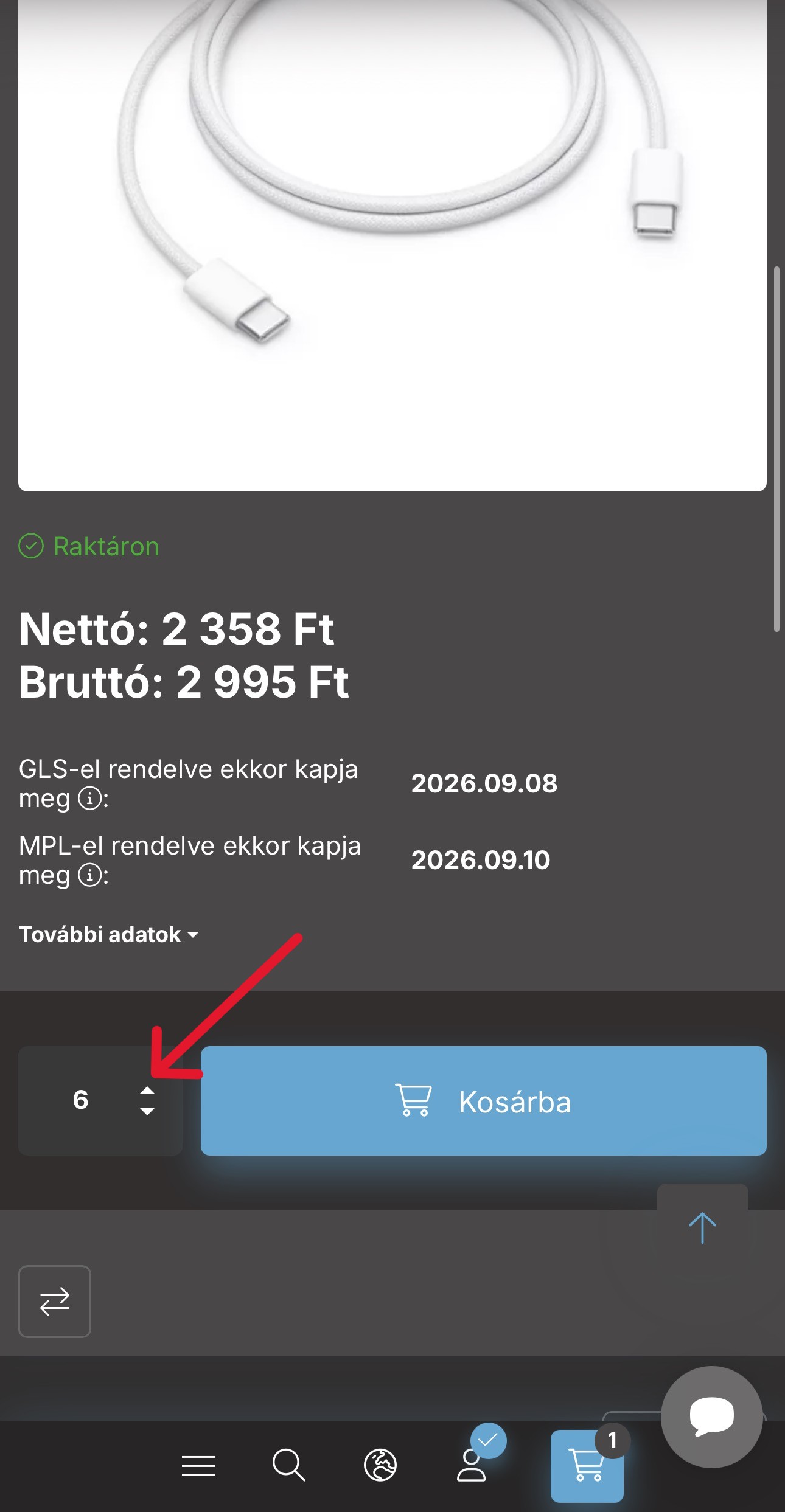 Darabszám módosítása mobil nézet