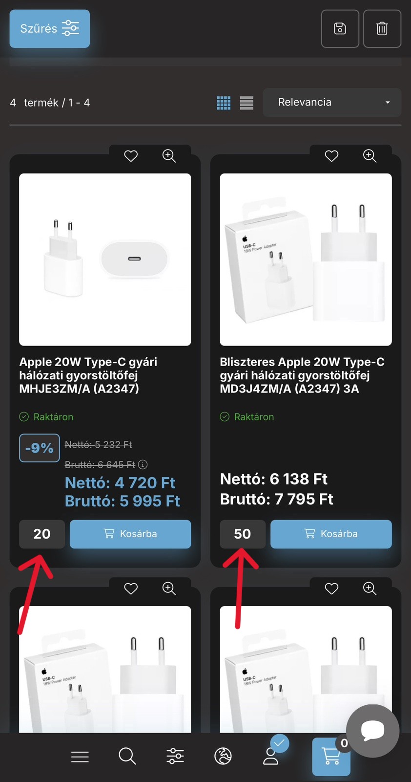 Darabszám módosítása mobil nézet