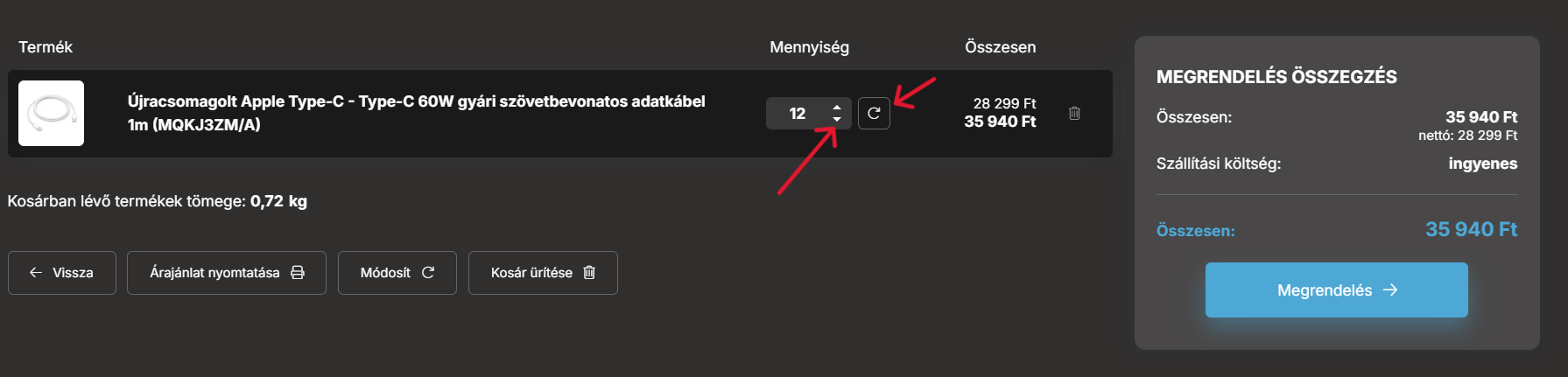 Darabszám módosítása asztali nézet