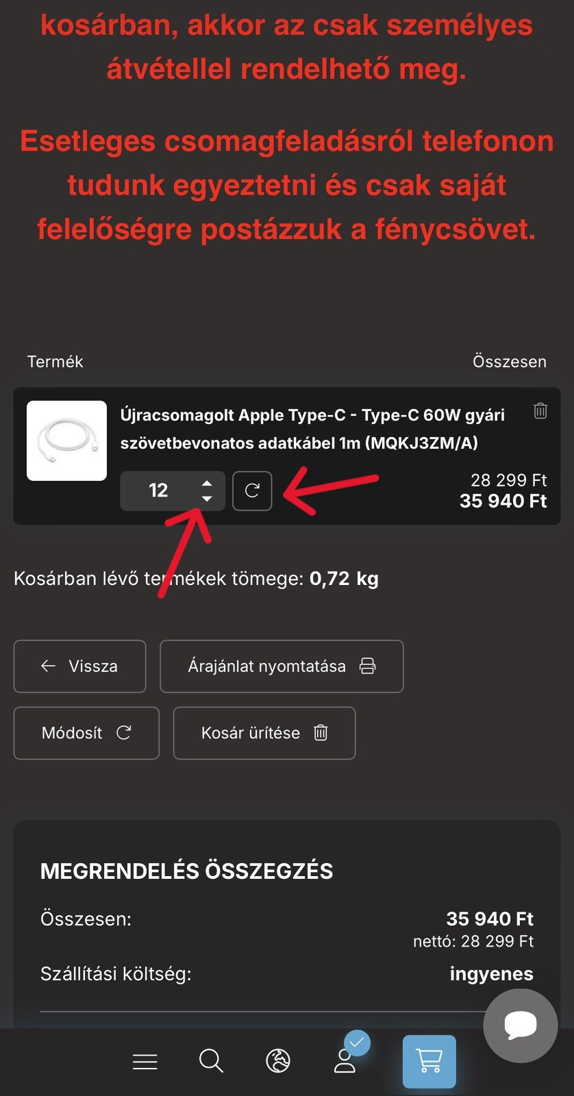 Darabszám módosítása mobil nézet
