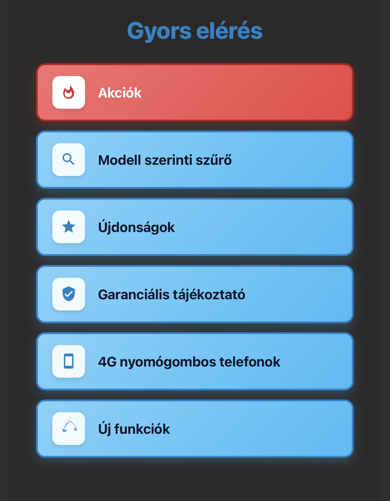 Gyorsgombok mobil nézet