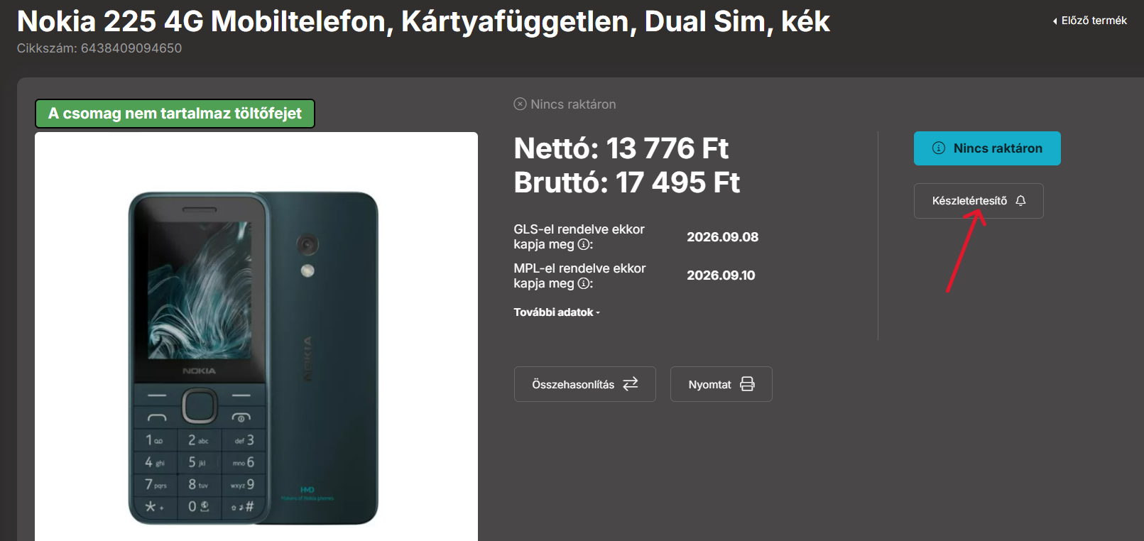 Készletértesítő asztali nézet
