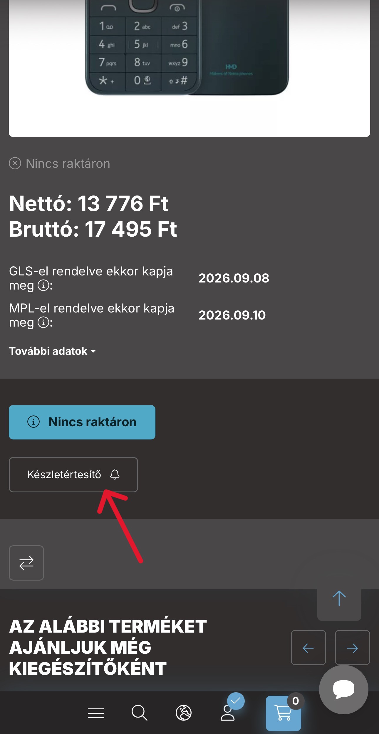 Készletértesítő mobil nézet