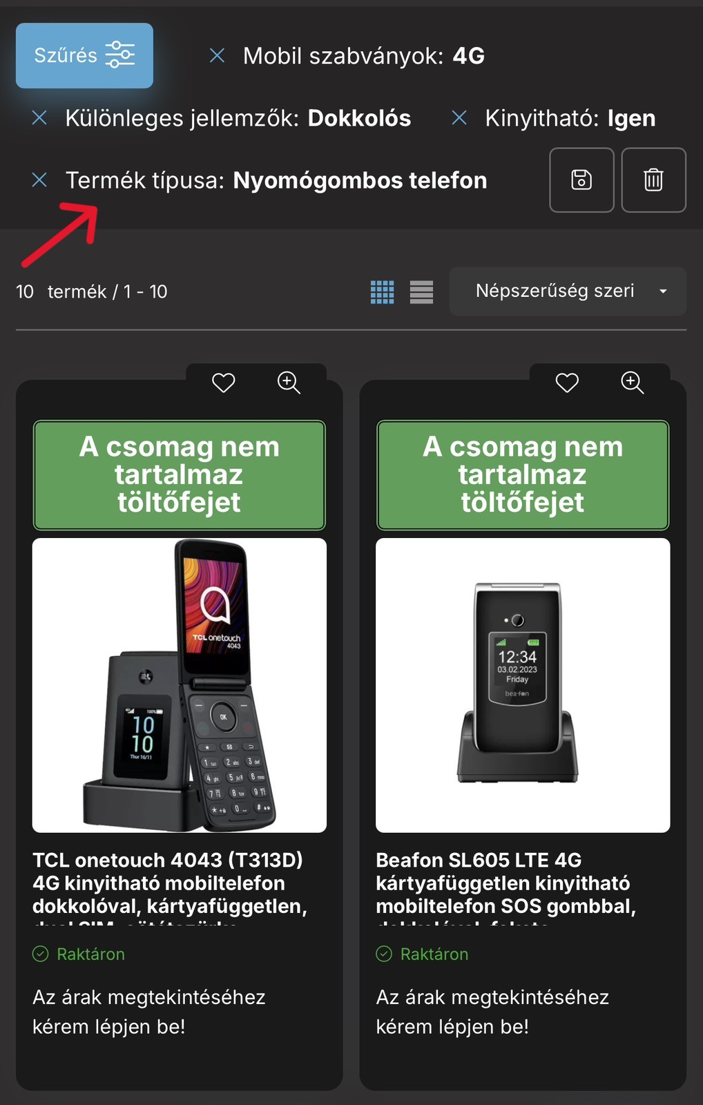 Szűrős telefonos nézet