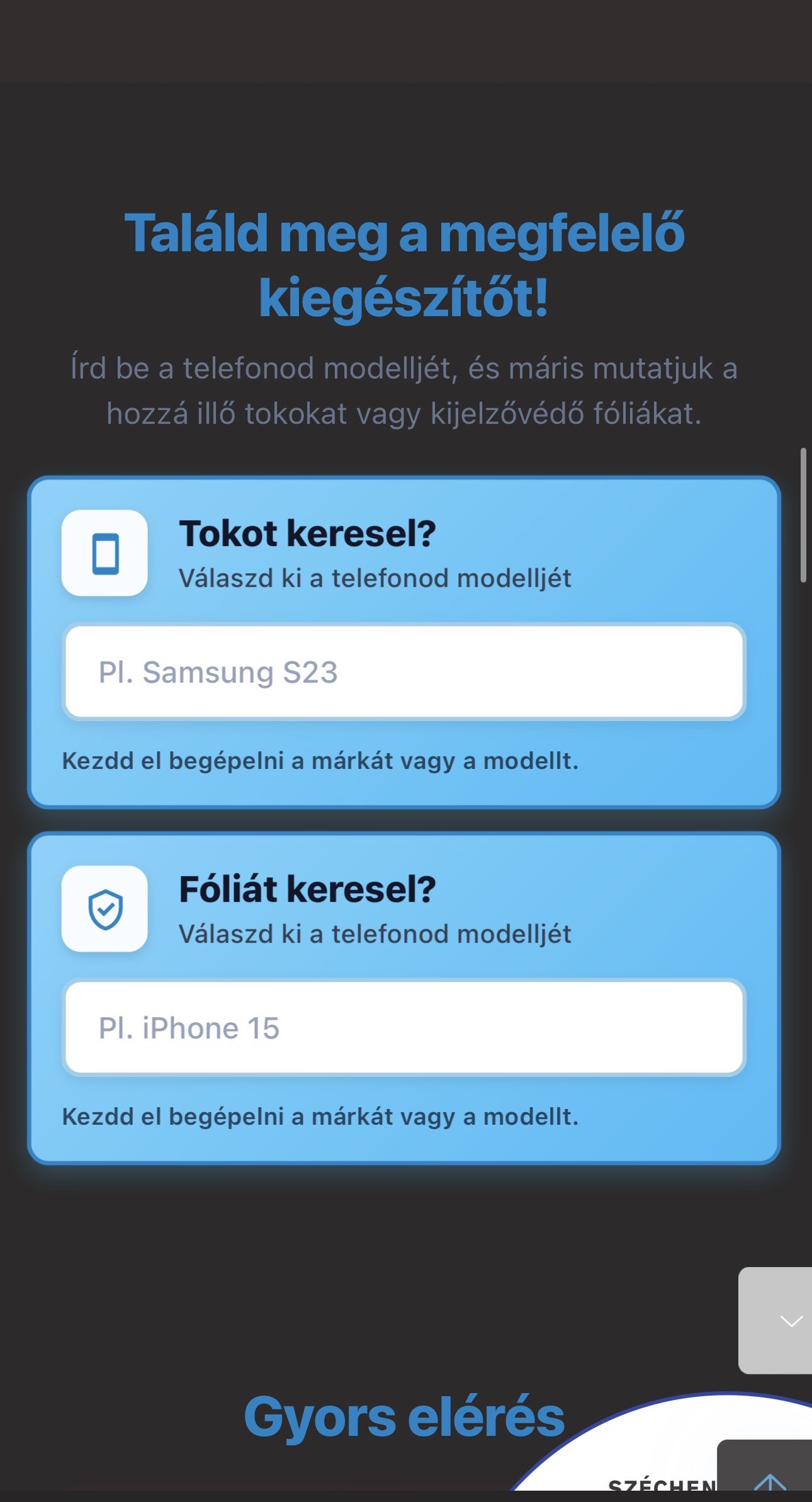 Tok- és fóliakereső mobil nézet